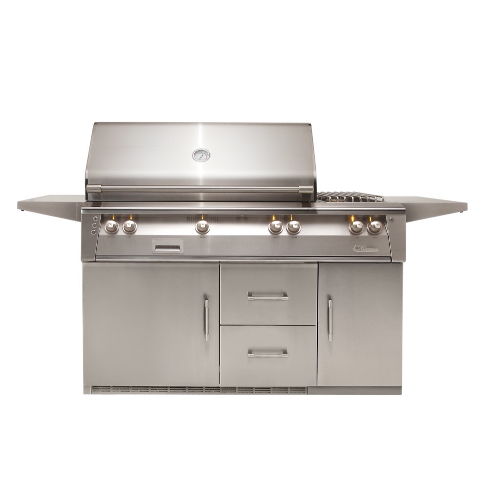 Alfresco Grills ALXE 56-Inch 3-Burner Freestanding Propane Gas Grill with Rear Infrared Burner and Side Burner on Refrigerated Cart - Stainless Steel