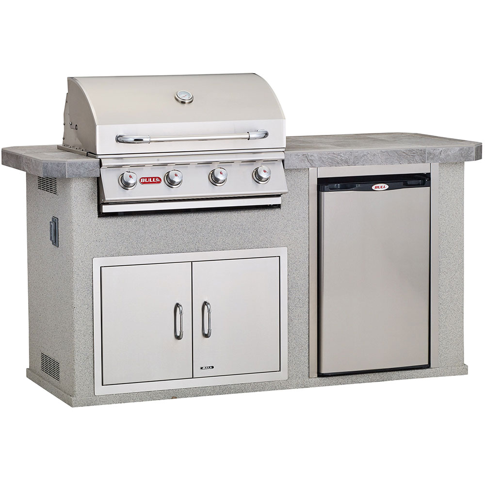Bull BBQ Fully-Assembled 6 Ft. Power-Q BBQ Island with 30-Inch Outlaw Grill, Fridge and 30-Inch Double Door - Stucco Base and Tile Countertop