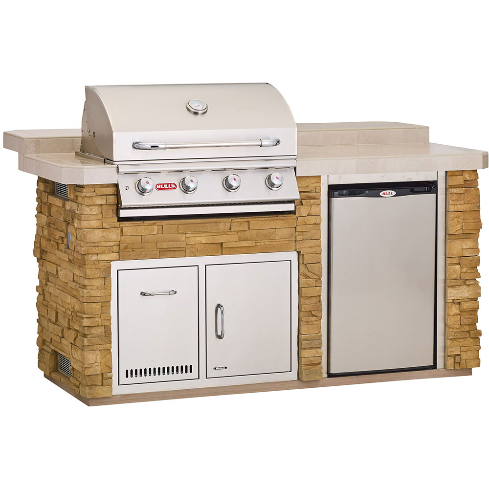 Bull BBQ Fully-Assembled 6 Ft. Power-Q Raised Bar BBQ Island with 30-Inch Lonestar Select Grill, Fridge and 30-Inch Access Door & Propane Drawer Combo - Rock Base and Tile Countertop
