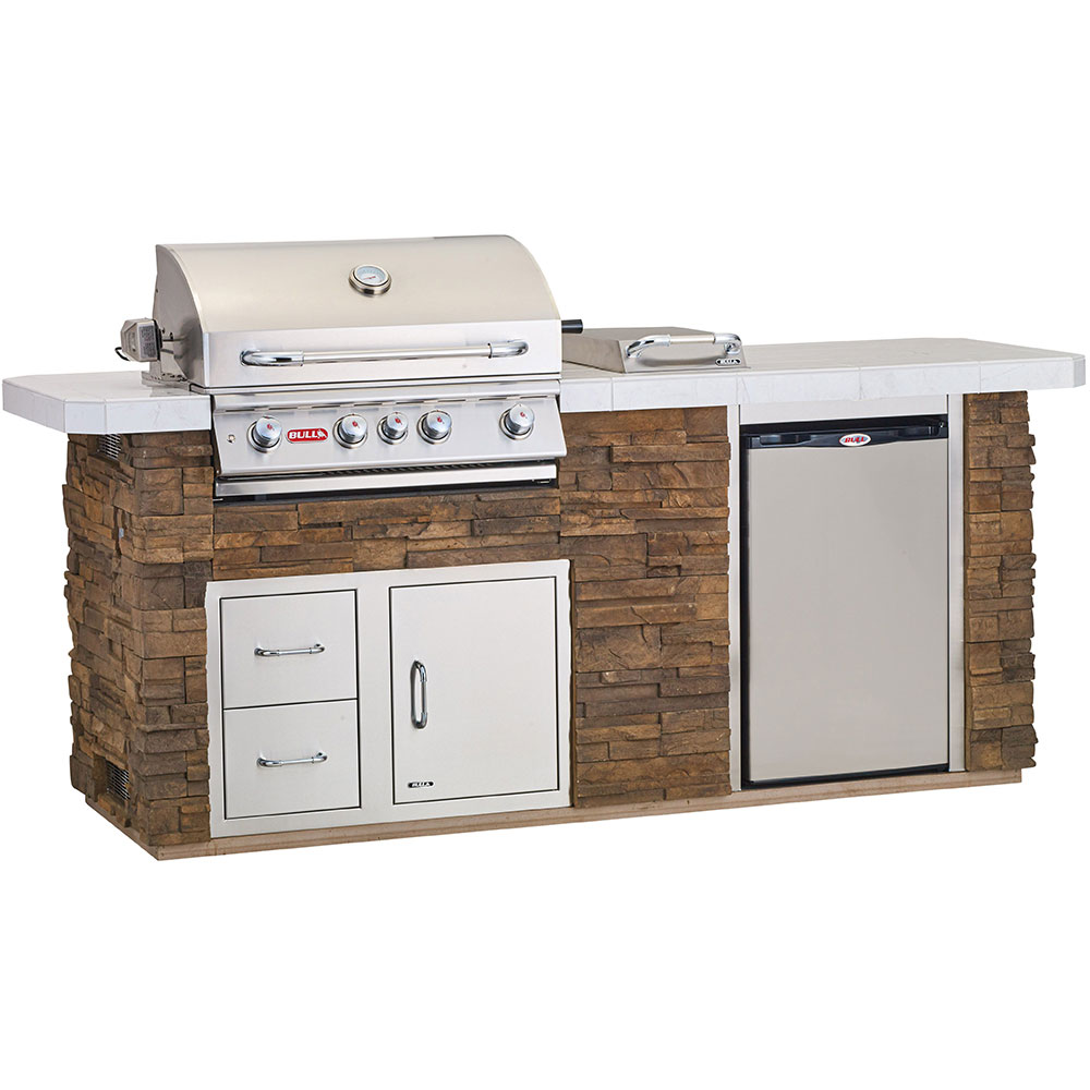 Bull BBQ Fully-Assembled 8 Ft. Outdoor Kitchen BBQ Island with 30-Inch Angus Grill, Fridge, Single Side Burner and 30-Inch Access Door & Double Drawer Combo - Rock Base and Tile Countertop