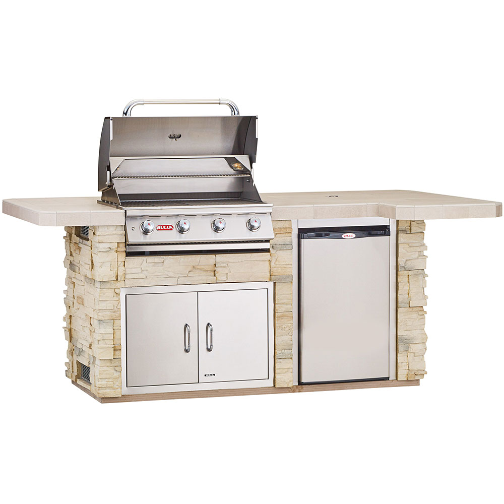 Bull BBQ Fully-Assembled 8 Ft. Power BBQ BBQ Island with 30-Inch Lonestar Grill, Fridge and 30-Inch Double Door - Rock Base and Tile Countertop