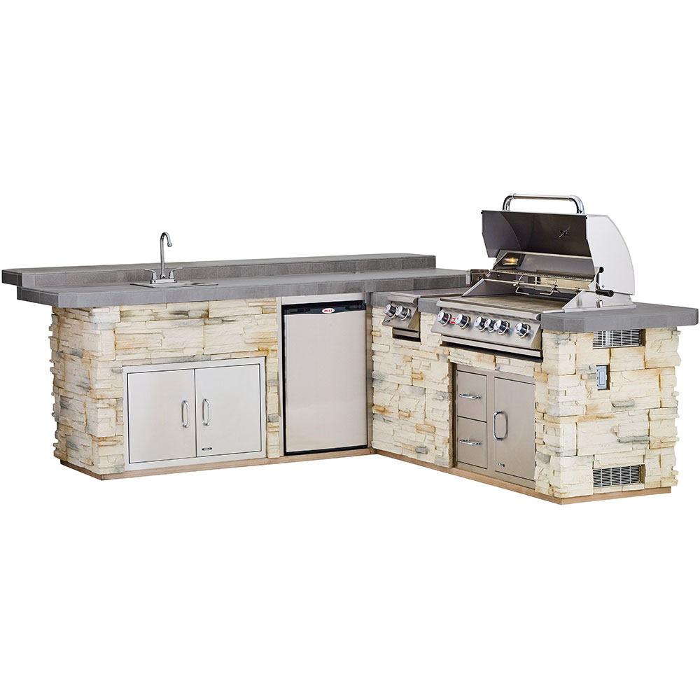 Bull BBQ Fully-Assembled 9 Ft. Gourmet-Q Raised Bar BBQ Island with 30-Inch Angus Grill, Fridge, Double Side Burner, 30-Inch Double Access Door, 30-Inch Access Door & Double Drawer Combo and Stainless Steel Sink - Rock Base and Tile Countertop