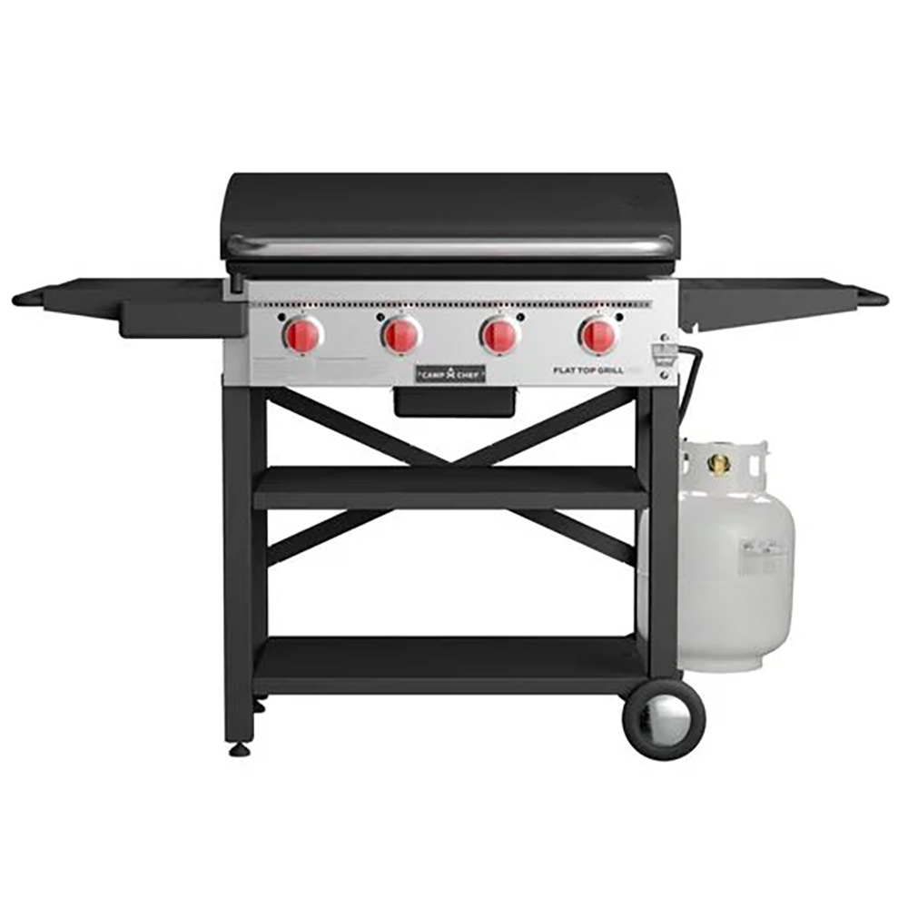 Camp Chef 30-Inch 4-Burner Freestanding Propane Gas Commercial Style Flat Top Griddle with Hood