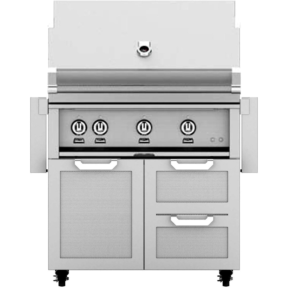 Hestan 36-Inch Propane Gas Grill with Sear Burner & Rotisserie On Double Drawer & Door Tower Cart - Steeletto