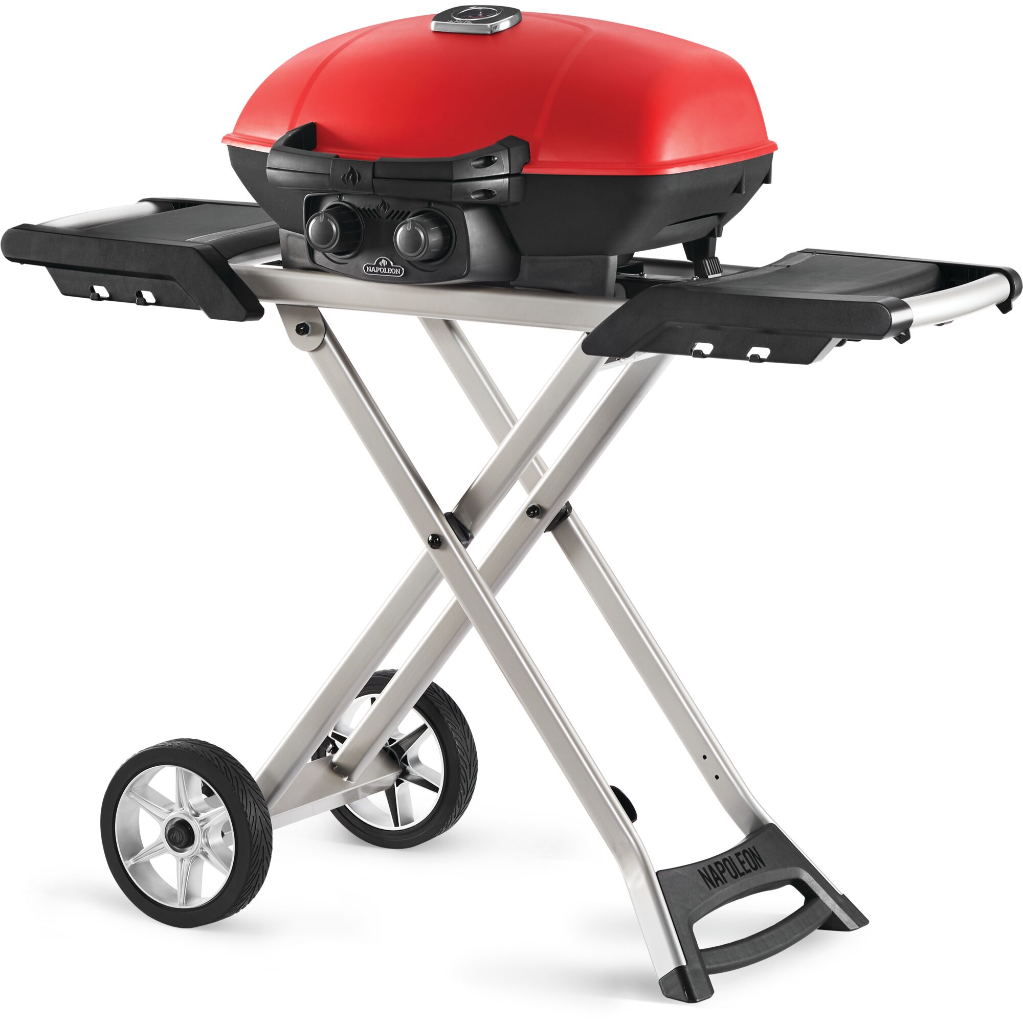 Napoleon TravelQ 285X Portable Propane Gas Grill and Scissor Cart with Griddle - Red