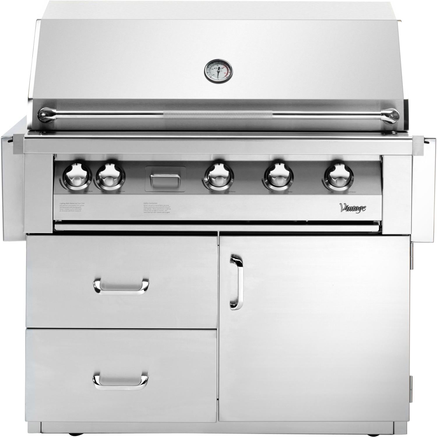 Vintage Grills 42-inch Freestanding Propane Gas Grill with Flush Mounted Infrared Rotisserie Burner and Dedicated Smoker Burner on Deluxe Cart